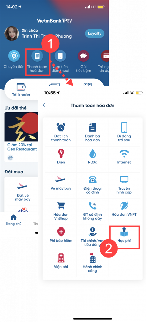 Hướng dẫn CMHS nộp tiền qua ứng dụng ngân hàng Vietinbank
